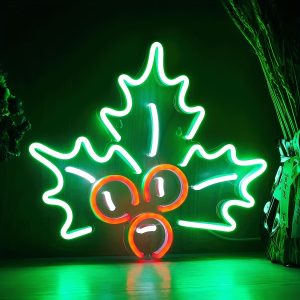 1 pc Christmas Holly Leaves Wall Neon Decoration, Dimmable LED Christmas Ambience Wall Decoration Neon Sign, Perfect for Christmas Party, Bedroom, Birthday Party, Bar, Shop, Games Room, Club, Room, Friends Gathering Wall Decorations, Preferred as a Friends Family Birthday, Christmas Gift, USB Powered Illuminated Sign Hanging Unit, 5V USB Power Supply