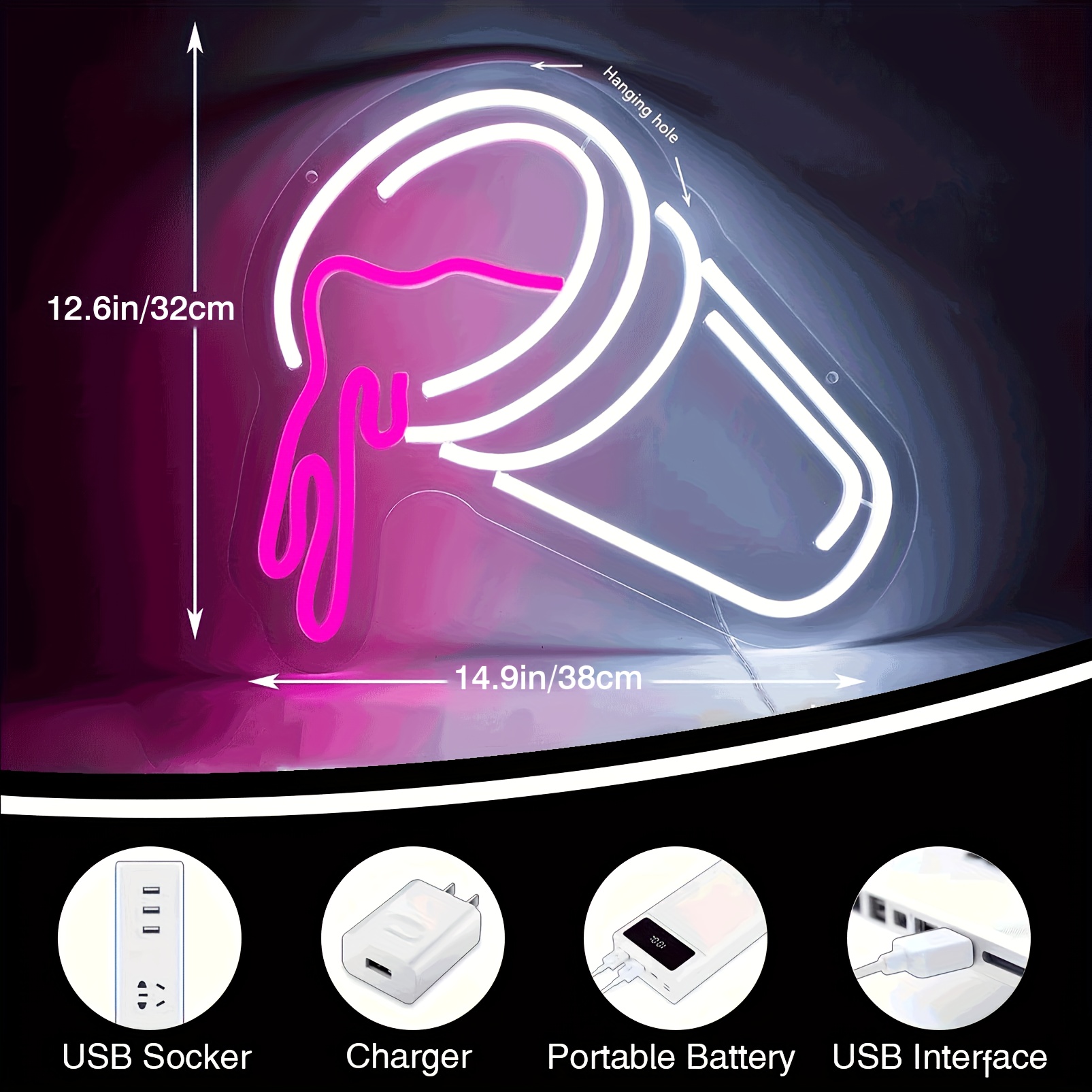 1 pc Double Cups LED neon sign, ambient wall decoration neon sign for party, restaurant, home bar, coffee shop, living room, bar, bedroom and home wall decoration, preferred as friends and family birthday, holiday gift, USB powered light up sign hanging device, 5V USB power supply - 图片 3