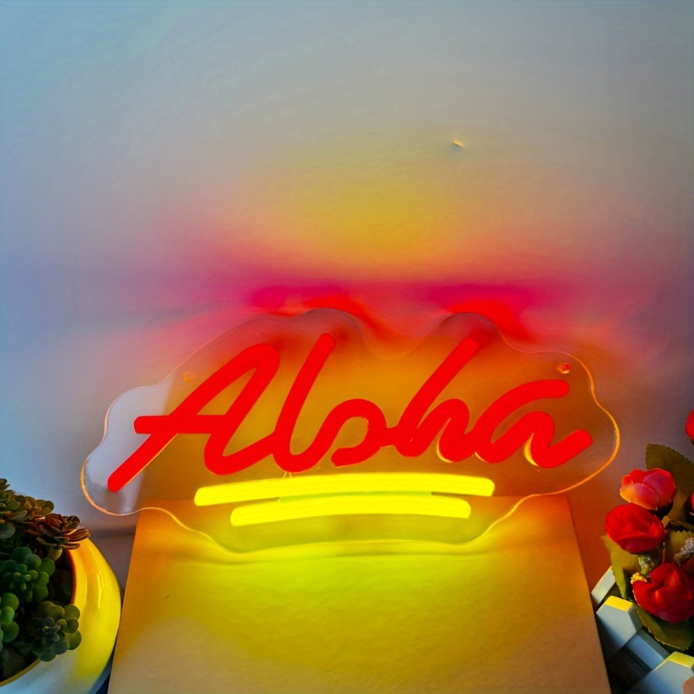 1 pc Aloha LED Wall Neon Sign Lights Sign, Red Lemon Yellow Colour Super Bright Wall Decorative Sign, Perfect for Hawaii Holiday Shops Party Clubs, Bedrooms, Bars, Rooms, Friends Gatherings Wall Decoration, 5V USB Power Supply