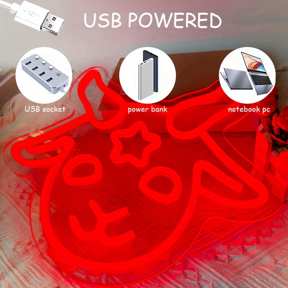 1 pc Lamb Demon Halloween Wall Neon Decoration, Dimmable LED Halloween Ambiance Wall Decoration Neon Sign, great for Halloween parties, bedrooms, birthday parties, bars, shops, game rooms, clubs, rooms, friends party wall decorations, as a friend's family birthday, Halloween gift first choice, USB powered light up sign hanging device, 5V USB power supply - 图片 4