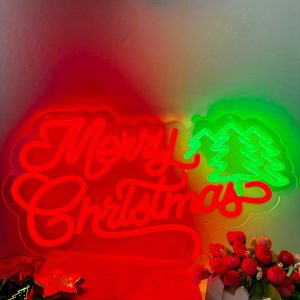 1 pc Merry Christmas neon Christmas wall decoration with Christmas tree, dimmable LED Christmas ambience wall decoration neon sign, perfect for Christmas parties, bedrooms, birthday parties, pubs, shops, games rooms, clubs, rooms, friends party wall decorations, as a friend's family birthday, Christmas gift first choice, USB powered light up sign hanging device. 5V USB power supply