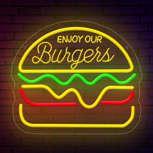 1 pc Enjoy Our Burgers LED neon sign, 3D engraved ambient wall decoration neon sign for restaurants, shops, fried chicken shops, burger joints, fast food shops, parties, offices, game rooms, homes, clubs, living rooms, bars, bedrooms and home wall decorations, preferred choice for friends and family's birthday and holiday gifts, USB powered illuminated sign hanging device. 5V USB Power Supply