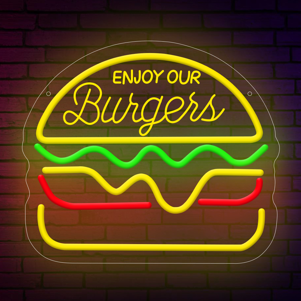 1 pc Enjoy Our Burgers LED neon sign, 3D engraved ambient wall decoration neon sign for restaurants, shops, fried chicken shops, burger joints, fast food shops, parties, offices, game rooms, homes, clubs, living rooms, bars, bedrooms and home wall decorations, preferred choice for friends and family's birthday and holiday gifts, USB powered illuminated sign hanging device. 5V USB Power Supply