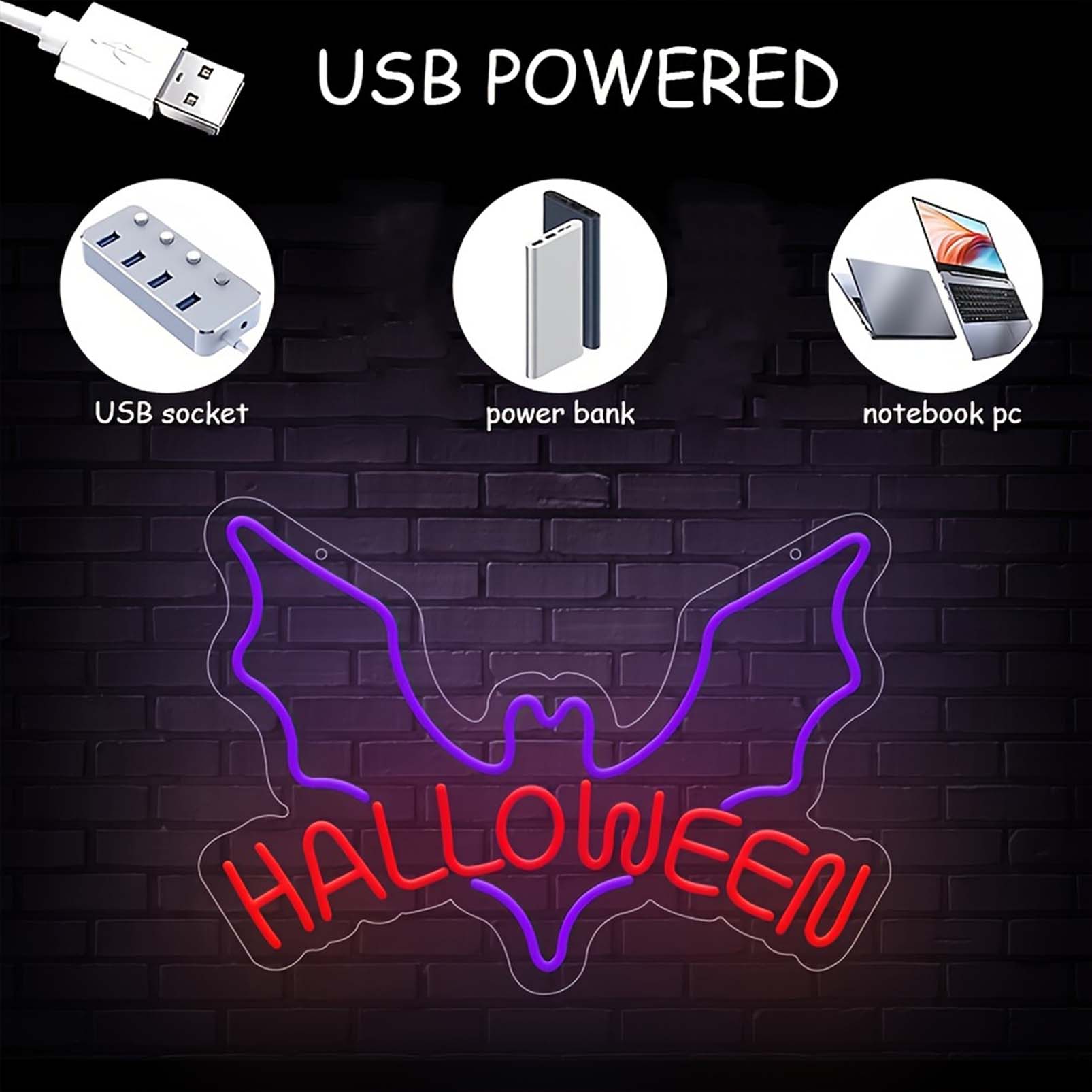 1 pc Bat Halloween Wall Neon Decoration, Dimmable LED Halloween Ambiance Wall Decoration Neon Sign, great for Halloween parties, bedrooms, birthday parties, pubs, shops, games rooms, clubs, rooms, friends party wall decorations, as a first choice for friends' family birthdays, Halloween gifts, USB powered light up sign hanging device, 5V USB power supply - 图片 4