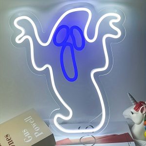 1 pc Ghost Halloween Wall Neon Decoration, Dimmable LED Halloween Ambiance Wall Decoration Neon Sign, great for Halloween parties, bedrooms, birthday parties, bars, shops, game rooms, clubs, rooms, friends party wall decorations, as a first choice for friends and family birthday and Halloween gifts, USB powered illuminated sign hanging device, 5V USB power supply