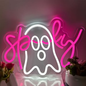 1 pc Ghost Boo Halloween Wall Neon Decoration, Dimmable LED Halloween Ambiance Wall Decoration Neon Sign, great for Halloween parties, bedrooms, birthday parties, bars, shops, game rooms, clubs, rooms, friends party wall decorations, as a first choice for friends and family birthday and Halloween gifts, USB powered illuminated sign hanging device, 5V USB power supply