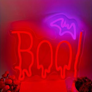 1 pc Red Purple Spooky BOO Halloween Wall Neon Decoration, Dimmable LED Halloween Ambiance Wall Decoration Neon Sign, Perfect for Halloween Party, Bedroom, Birthday Party, Bar, Shop, Game Room, Club, Room, Friends Gathering Wall Decoration, as a first choice for friends and family's birthday and Halloween gift, USB powered light up sign hanging device. 5V USB power supply