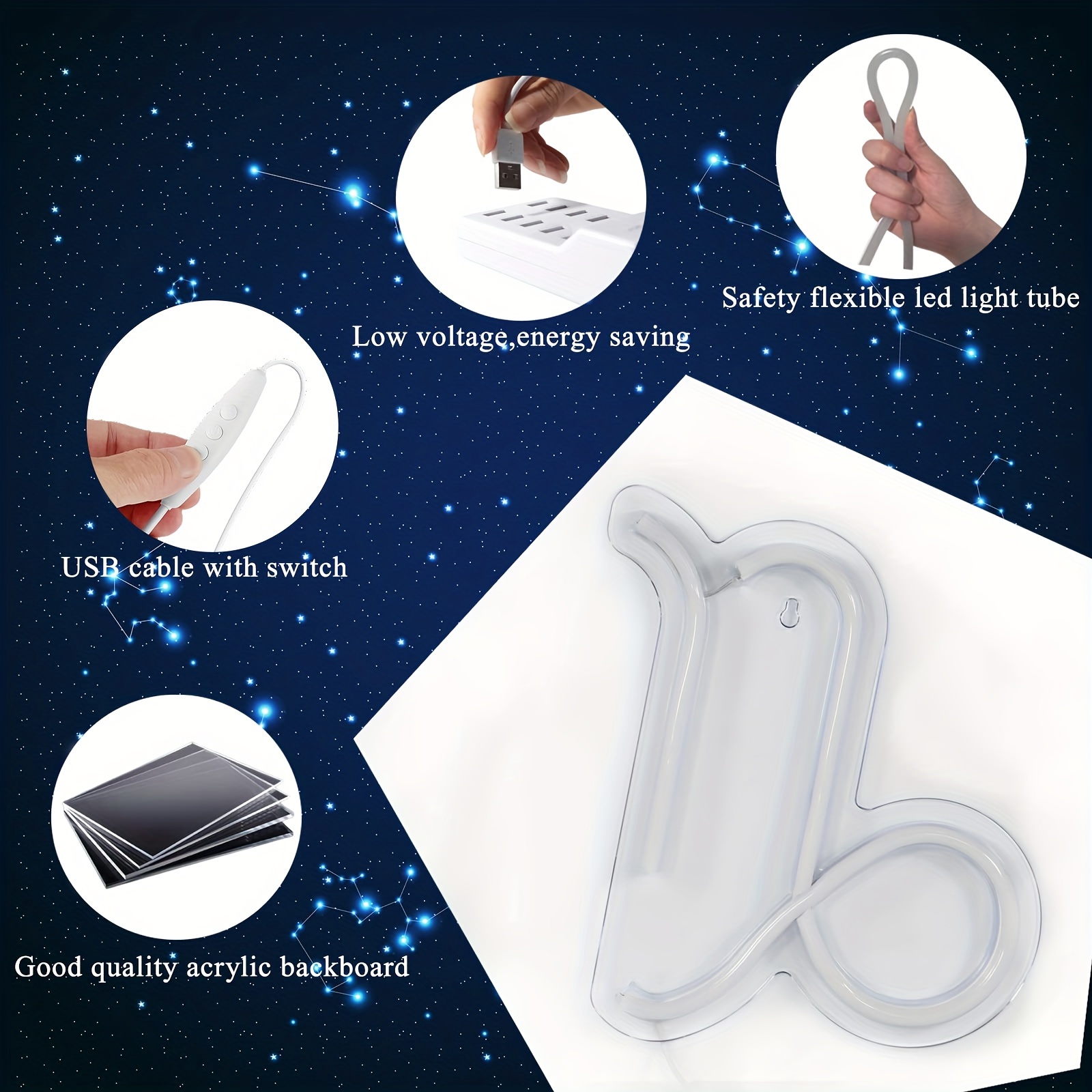 1 pc The Capricorn LED Neon Sign, Astrology Horoscope Ambiance Wall Decoration Neon Sign for Home, Party, Living Room, Bar, Club, Game Room, as Birthday, Holiday Gift, Bedroom and Home Wall Decoration, USB Powered Illuminated Sign Hanging Unit, 5V USB Power Supply - 图片 7