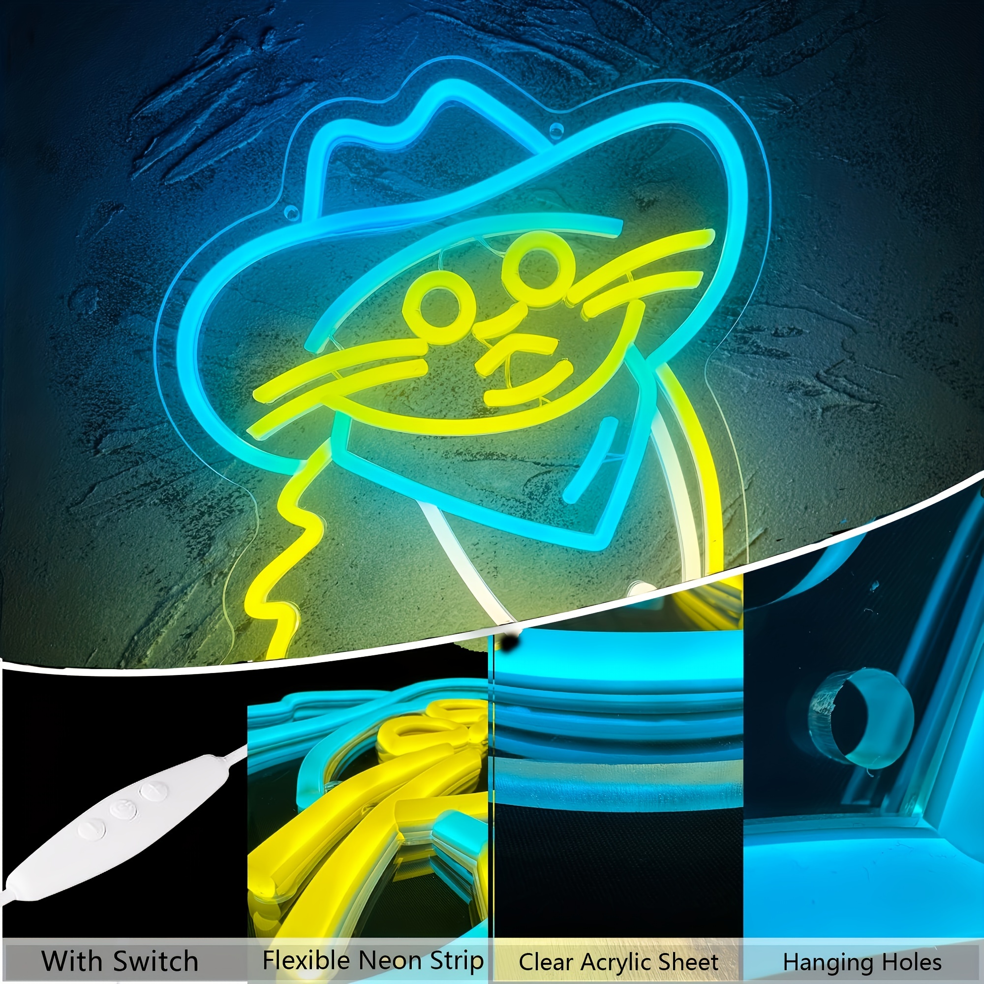 1 pc Blue Cowboy Hat Cat LED Neon Sign, Ambient Wall Decoration Neon Sign for Home, Party, Living Room, Bar, Club, Game Room, as Birthday, Holiday Gift, Bedroom and Home Wall Decoration, USB Powered Illuminated Sign Hanging Unit, 5V USB Power Supply - 图片 4