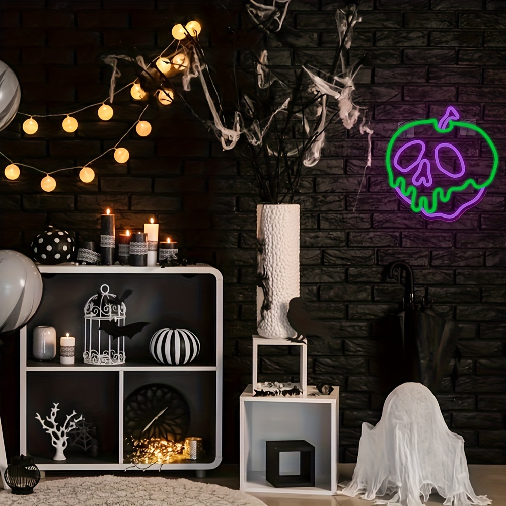 1 pc Halloween Apple Neon Signs Skull Apple LED Neon Wall Decorations, Dimmable LED Halloween Skull Decorative Lights for Halloween Parties, Bedrooms, Bars, Shops, Rooms, Clubs Wall Decorations, 5 V USB Power Supply - 图片 2