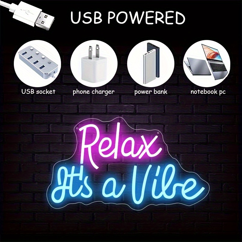 1 pc Relax It's A Vibe LED Neon Sign, Wall Decoration Neon Illuminated Sign for Birthday Parties, Game Rooms, Shops, Bars, Clubs, Bedrooms and Home Wall Decoration Neon Sign, 5 V USB Power Supply - 图片 4