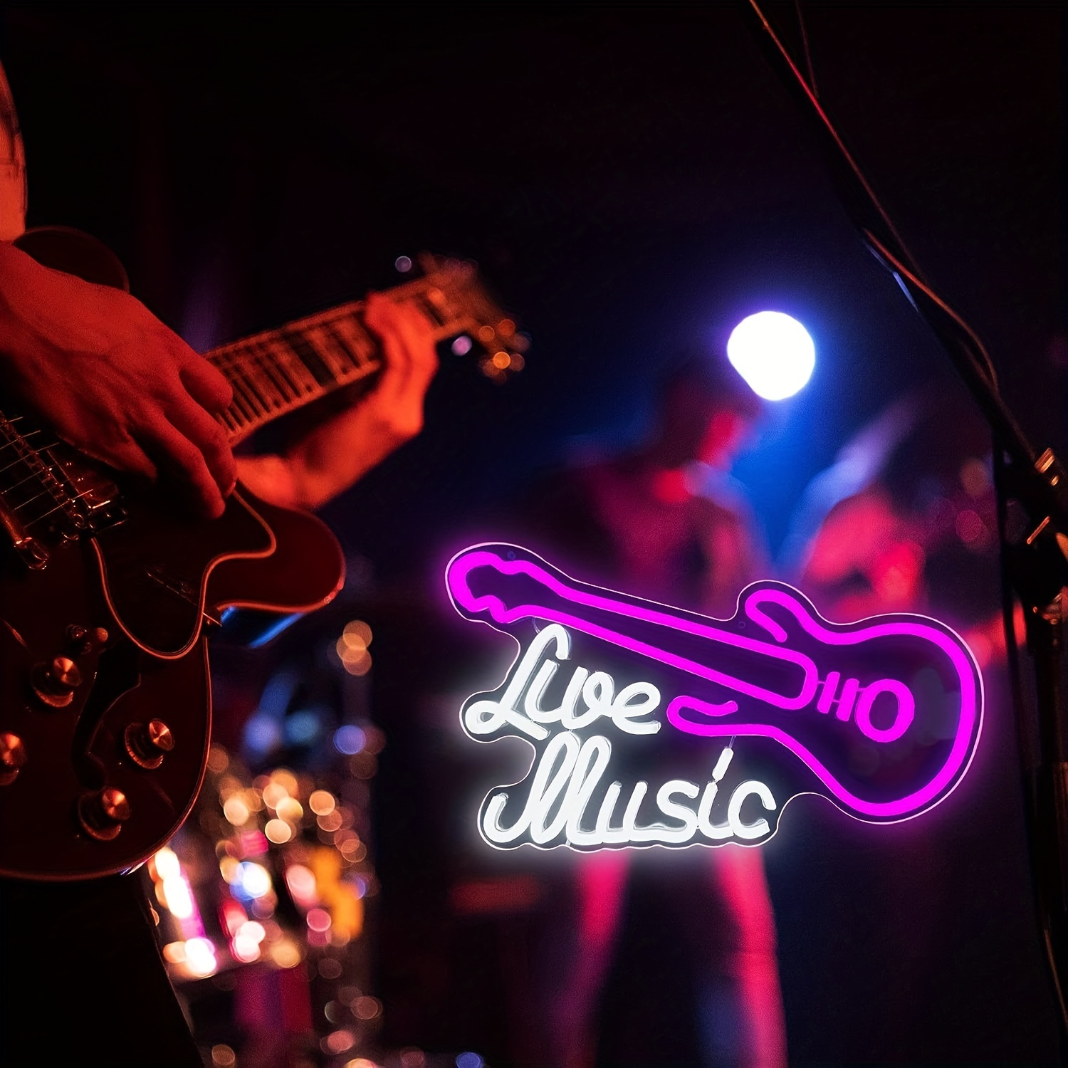 1 pc Live Music Guitar LED neon sign, ambient wall decoration neon sign for music studios, parties, game rooms, homes, living rooms, bars, clubs, bedrooms and home wall decorations, as a friend's family birthday, music lover gift preferred, USB powered light up sign hanging device, 5V USB power supply - 图片 2