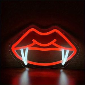 1 pc Red Lips and Teeth Halloween Wall Neon Decoration, Dimmable LED Halloween Ambiance Wall Decoration Neon Sign, great for Halloween parties, bedrooms, birthday parties, bars, shops, game rooms, clubs, rooms, friends party wall decorations, as a friend's family birthday, Halloween gift preferred, USB powered light up sign hanging unit, 5V USB power supply