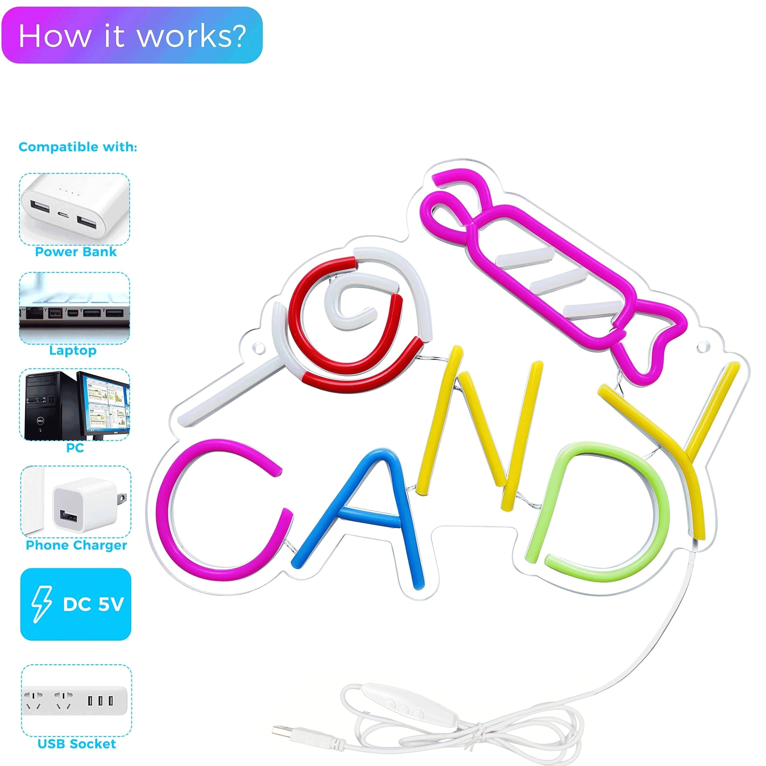 1 pc Candy LED Neon Sign, Commercial Ambiance Wall Decor Neon Sign for Candy Store, Shop, Party, Living Room, Game Room, as Birthday, Holiday Gift, Bedroom and Home Wall Decoration, USB Powered Illuminated Sign Hanging Unit, 5V USB Power Supply - 图片 5