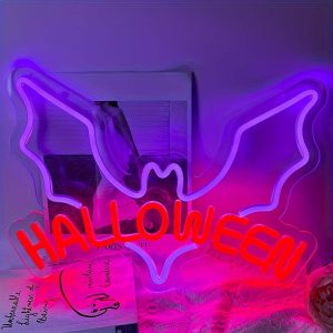 1 pc Bat Halloween Wall Neon Decoration, Dimmable LED Halloween Ambiance Wall Decoration Neon Sign, great for Halloween parties, bedrooms, birthday parties, pubs, shops, games rooms, clubs, rooms, friends party wall decorations, as a first choice for friends' family birthdays, Halloween gifts, USB powered light up sign hanging device, 5V USB power supply