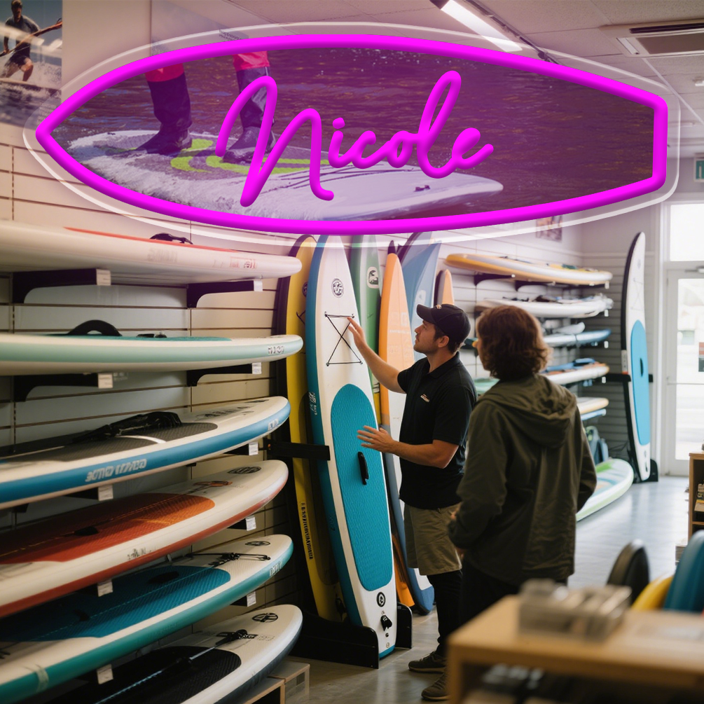 Customised neon signs featuring surfboard images and names, UV-printed graphics, personalised LED neon lighting. Perfect for bars, clubs, surf parks, water parks, beaches, living rooms and home décor. An ideal unique gift for surf enthusiasts, parties, housewarmings and more! - 图片 6