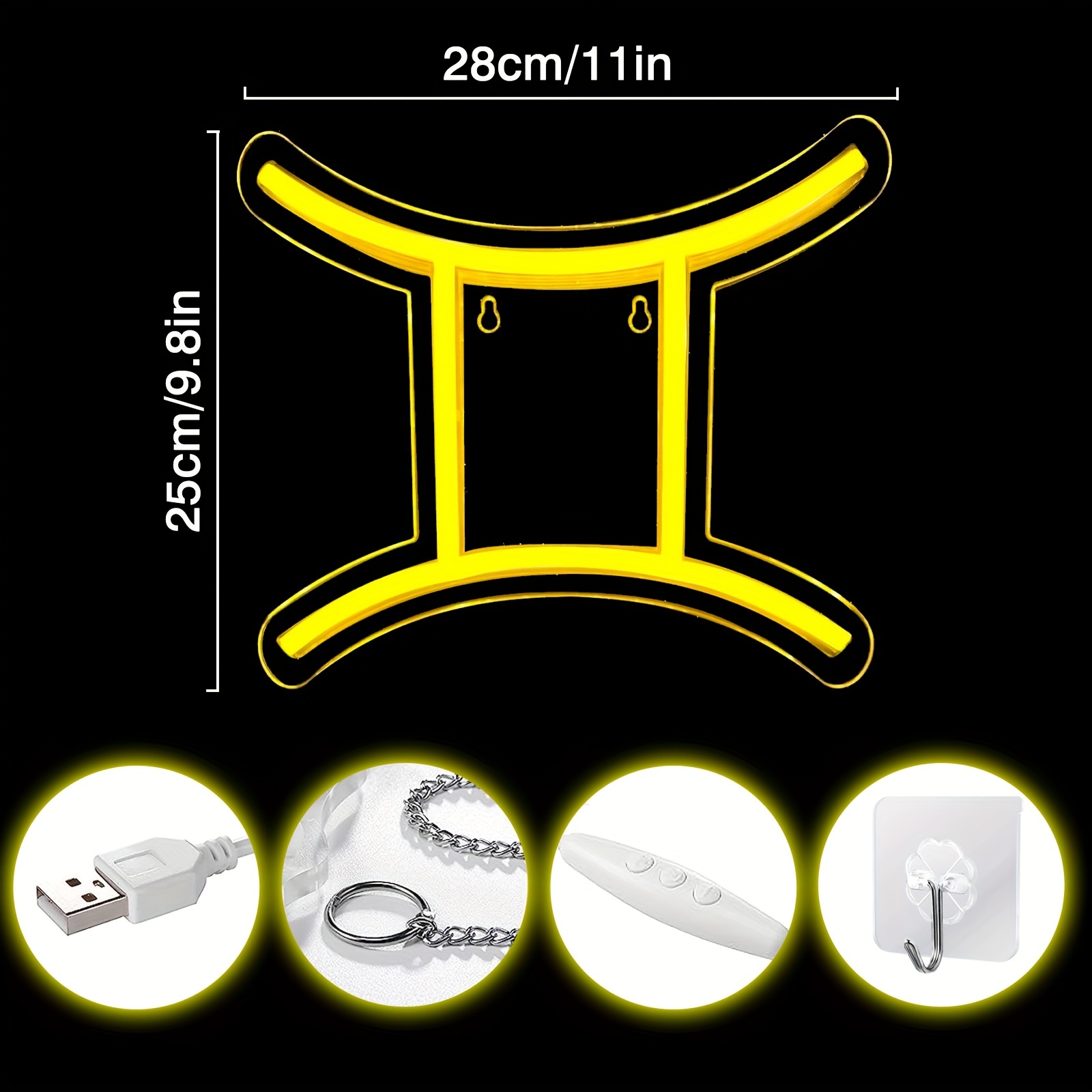 1 pc The Gemini LED Neon Sign, Astrology Horoscope Ambiance Wall Decoration Neon Sign for Home, Party, Living Room, Bar, Club, Game Room, as Birthday, Holiday Gift, Bedroom and Home Wall Decoration, USB Powered Illuminated Sign Hanging Unit, 5V USB Power Supply - 图片 3