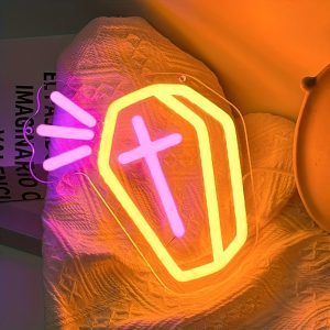 1 pc Tombstone Halloween Wall Neon Decoration, Dimmable LED Halloween Ambiance Wall Decoration Neon Sign, great for Halloween parties, bedrooms, birthday parties, pubs, shops, rooms, friends party wall decorations, as a friend's family birthday, Halloween gift preferred, USB powered light up sign hanging unit, 5V USB power supply
