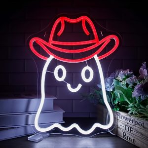 1 pc Cowboy Ghost Halloween Wall Neon Decoration, Dimmable LED Halloween Ambiance Wall Decoration Neon Sign, great for Halloween parties, bedrooms, birthday parties, pubs, shops, games rooms, clubs, rooms, friends party wall decorations, as a friend's family birthday, Halloween gift first choice, USB powered light up sign hanging unit, 5V USB power supply