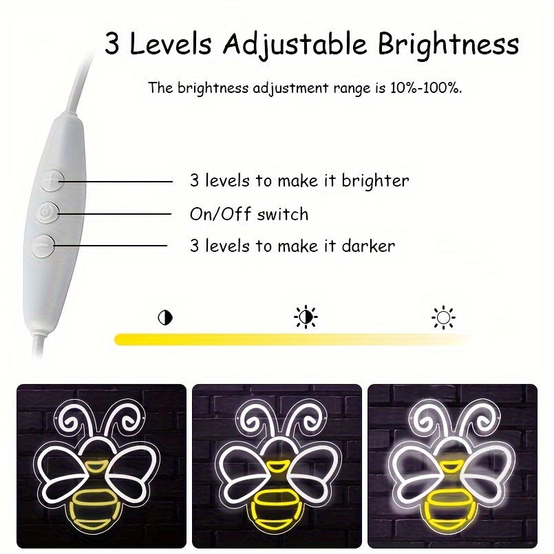 1 pc Bee LED neon sign, ambient wall decoration neon sign for office, shop, party, game room, family, club, living room, bar, bedroom and home wall decorations, preferred as friends and family birthday, holiday gifts, USB powered light up sign hanging device, 5V USB power supply - 图片 5