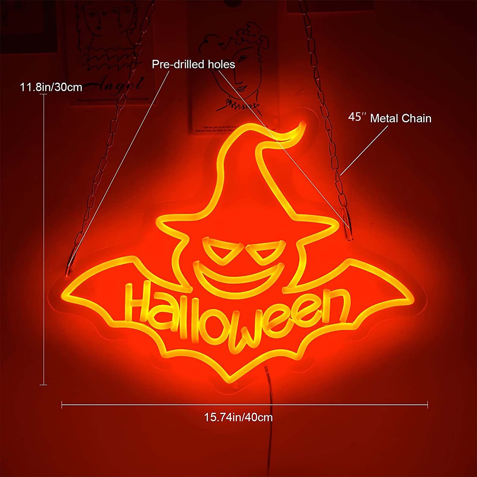1 pc Bat Halloween Wall Neon Decoration, Dimmable LED Halloween Ambiance Wall Decoration Neon Sign, great for Halloween parties, bedrooms, birthday parties, pubs, shops, games rooms, clubs, rooms, friends party wall decorations, as a first choice for friends' family birthdays, Halloween gifts, USB powered light up sign hanging device, 5V USB power supply - 图片 3
