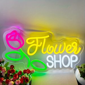 1 pc Flower Shop Decorative Wall Art Neon LED Sign, great for party, bedroom, cave beer bar, restaurant, shop, room, friends gathering wall decoration, USB powered light up sign hanging device, wall mounted LED lights, 5V USB power supply