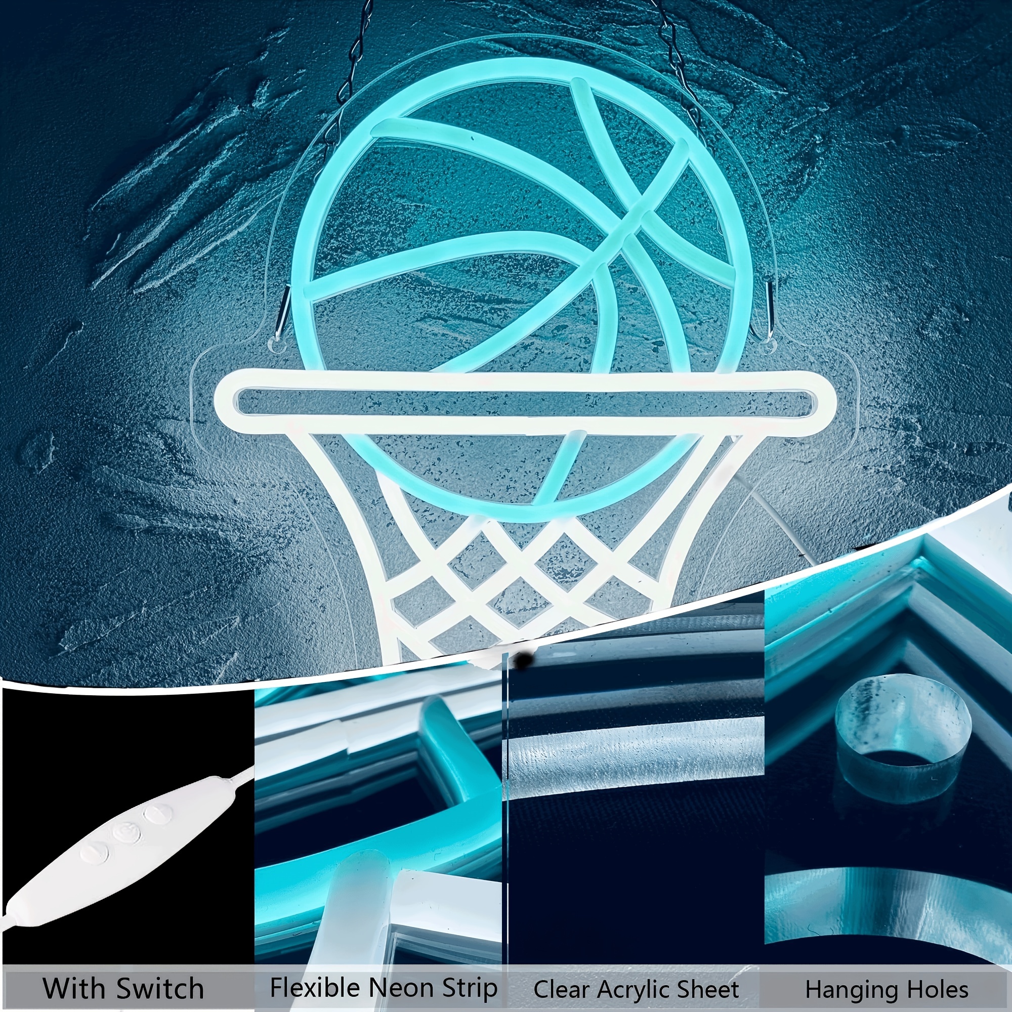 1 pc Basketball Hoop LED Neon Sign, Basketball themed ambient wall decoration neon sign for basketball themed parties, offices, basketball courts, game rooms, homes, clubs, living rooms, bars, bedrooms and home wall decorations, preferred choice for friends and family's birthdays, basketball hobby gifts, USB powered illuminated sign hanging device, 5V USB power supply - 图片 5