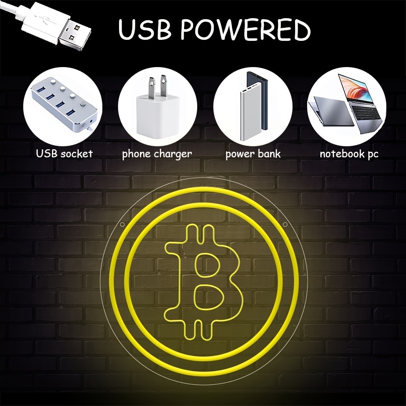 1 pc Bitcoin LED neon sign, 3D engraving, virtual currency ambient wall decoration neon sign for shops, banks, financial companies, bars, parties, offices, game rooms, families, clubs, living rooms, bedrooms, and home wall decorations, preferred as friends and family's birthdays, Bitcoin hobby gifts, USB powered illuminated sign hanging device, 5V USB power supply - 图片 4