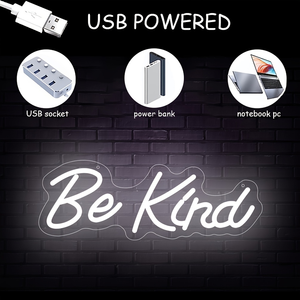 1 pc Be Kind LED Neon Sign, Ambient Wall Decoration Neon Sign for Hair Salon, Party, Office, Game Room, Restaurant, Family, Club, Living Room, Bar, Bedroom and Home Wall Decoration, Preferred for Friends and Family's Birthday and Holiday Gifts, USB Powered Illuminated Sign Hanging Device, 5V USB Power Supply - 图片 4