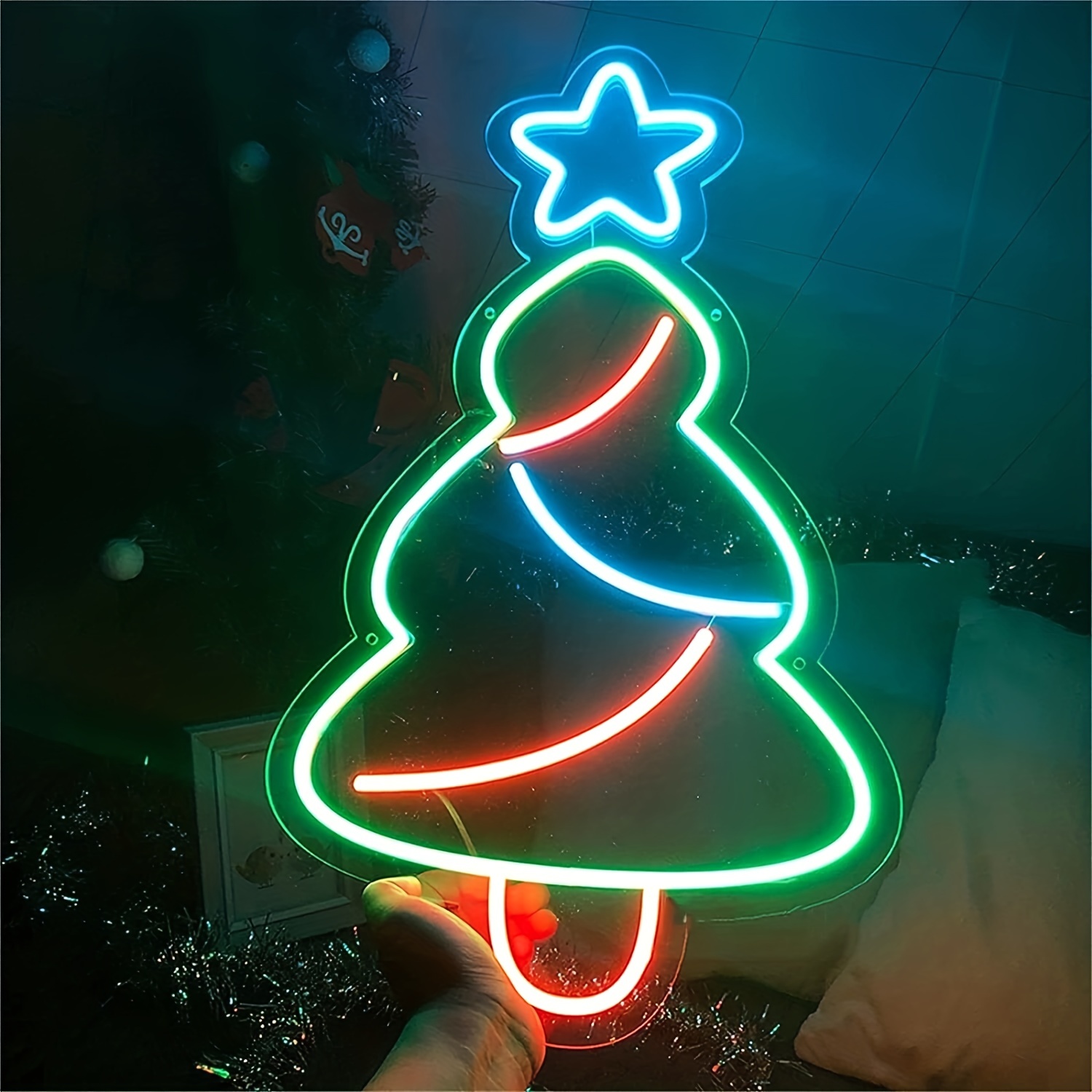 1 pc Christmas Tree Wall Neon Decoration, Dimmable LED Christmas Ambiance Wall Decoration Neon Sign, perfect for Christmas parties, bedrooms, birthday parties, pubs, shops, games rooms, clubs, rooms, friends party wall decorations, as a first choice for friends' family birthdays, Christmas gifts, USB powered illuminated sign hanging device, 5V USB power supply - 图片 6