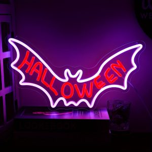 1 pc Bat Halloween Wall Neon Decoration, Dimmable LED Halloween Ambiance Wall Decoration Neon Sign, great for Halloween parties, bedrooms, birthday parties, bars, shops, rooms, friends party wall decorations, as a friend's family birthday, Halloween gift preferred, USB powered light up sign hanging device, 5V USB power supply
