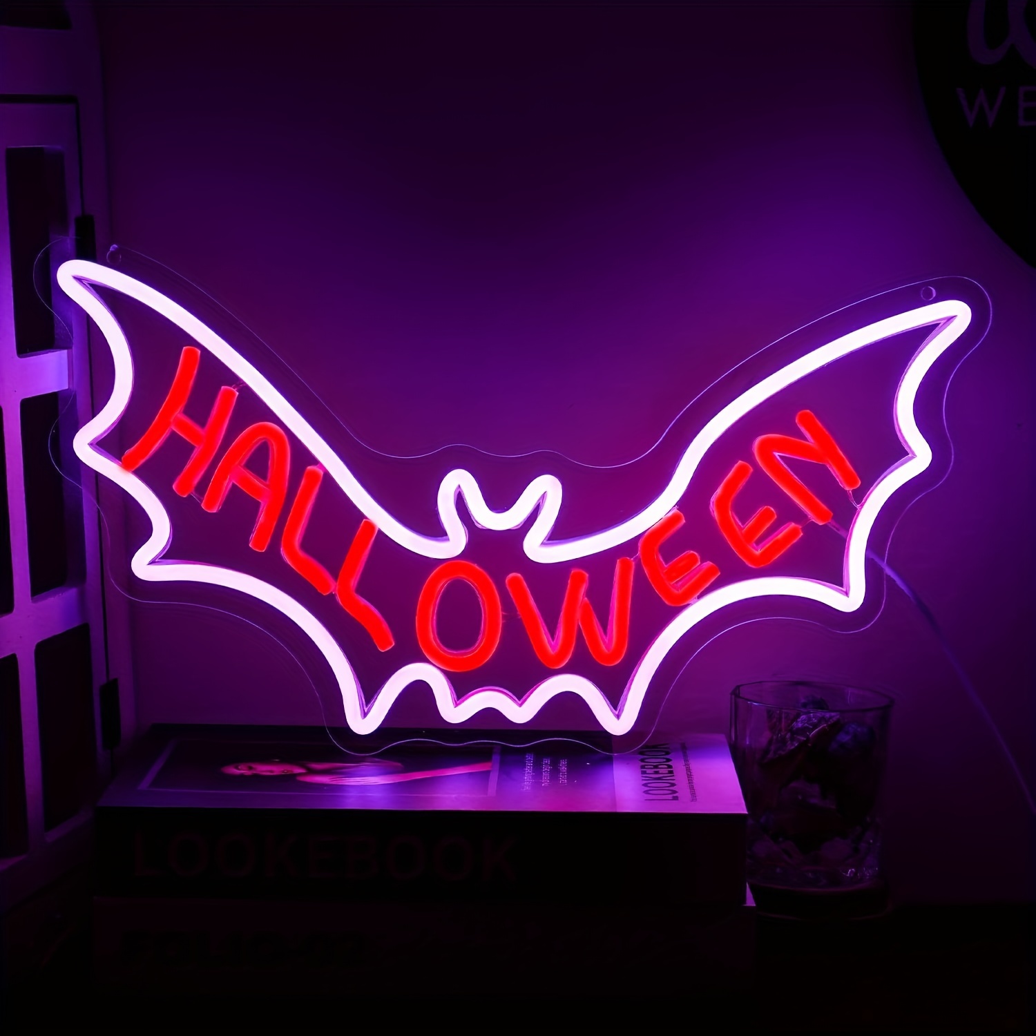 1 pc Bat Halloween Wall Neon Decoration, Dimmable LED Halloween Ambiance Wall Decoration Neon Sign, great for Halloween parties, bedrooms, birthday parties, bars, shops, rooms, friends party wall decorations, as a friend's family birthday, Halloween gift preferred, USB powered light up sign hanging device, 5V USB power supply