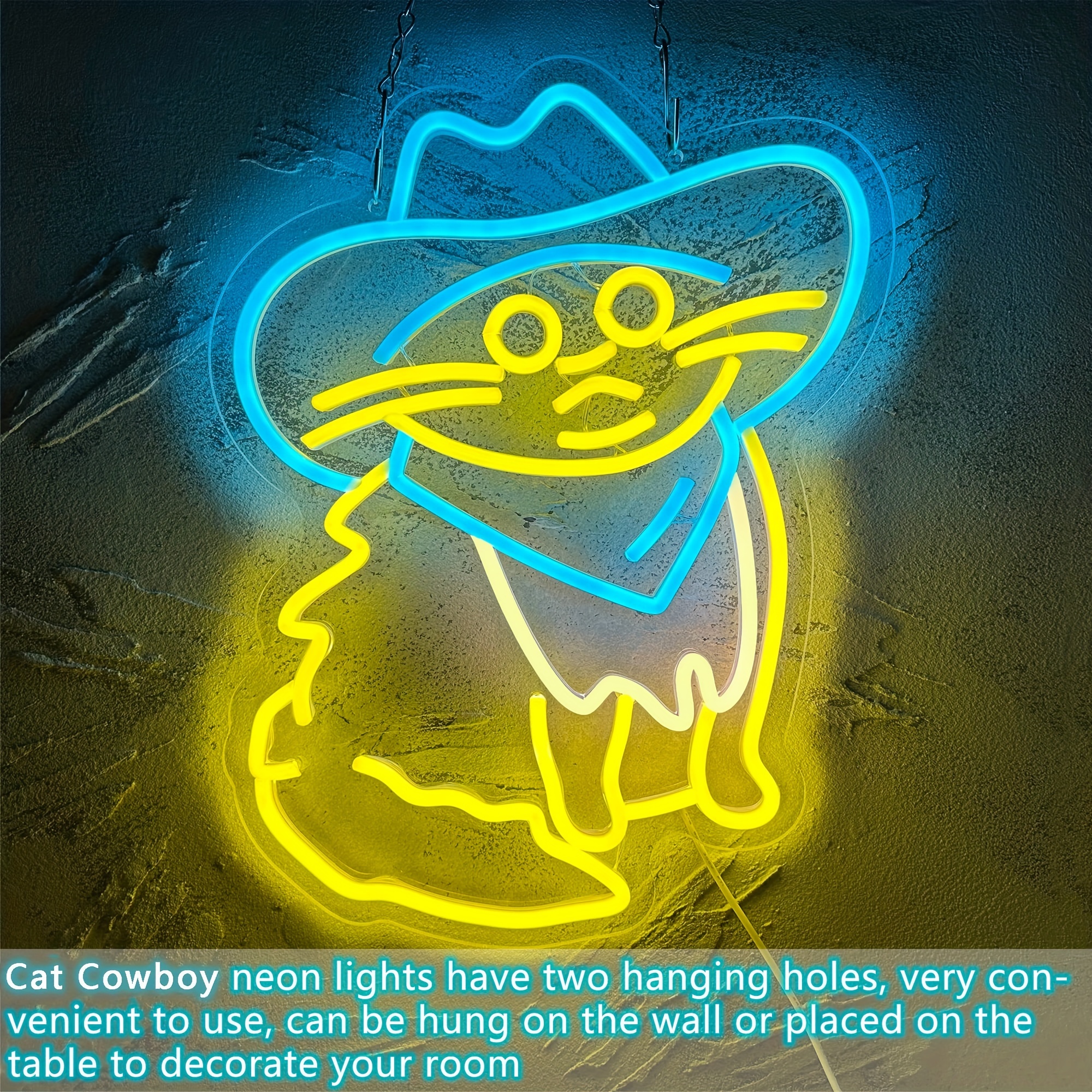 1 pc Blue Cowboy Hat Cat LED Neon Sign, Ambient Wall Decoration Neon Sign for Home, Party, Living Room, Bar, Club, Game Room, as Birthday, Holiday Gift, Bedroom and Home Wall Decoration, USB Powered Illuminated Sign Hanging Unit, 5V USB Power Supply - 图片 5