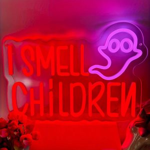 1 pc I Smell Children with Spooky Pattern Halloween Wall Neon Decoration, Dimmable LED Halloween Ambiance Wall Decoration Neon Sign, Perfect for Halloween Party, Bedroom, Birthday Party, Bar, Shop, Room, Friends Gathering Wall Decorations, as a first choice for friends and family birthday and Halloween gifts, USB Powered Light Up Sign Hanging Unit, 5V USB Power Supply