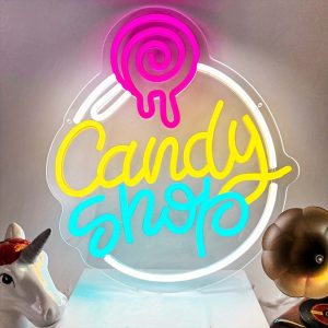1 pc Candy Shop Halloween Wall Neon Decoration, Dimmable LED Halloween Ambiance Wall Decoration Neon Sign, perfect for Halloween parties, bedrooms, birthday parties, pubs, shops, games rooms, clubs, rooms, friends party wall decorations, as a first choice for friends' family birthday and Halloween gifts, USB powered light up sign hanging device, 5V USB power supply