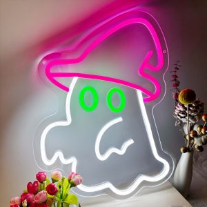 1 pc Witch Hat Ghost Halloween Wall Neon Decoration, Dimmable LED Halloween Ambiance Wall Decoration Neon Sign, Great for Halloween Party, Bedroom, Birthday Party, Bar, Shop, Game Room, Club, Room, Friends Gathering Wall Decorations, Preferred for Friends' Family's Birthdays and Halloween Gifts, USB Powered Illuminated Sign Hanging Unit, 5V USB Power Supply