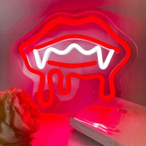 1 pc Red Vampire Lips Halloween Wall Neon Decoration, Dimmable LED Halloween Ambiance Wall Decoration Neon Sign, Perfect for Halloween Party, Bedroom, Birthday Party, Bar, Shop, Game Room, Club, Room, Friends Gathering Wall Decorations, Preferred for Friends' Family's Birthdays, Halloween Gifts, USB Powered Illuminated Sign Hanging Unit, 5V USB Power Supply
