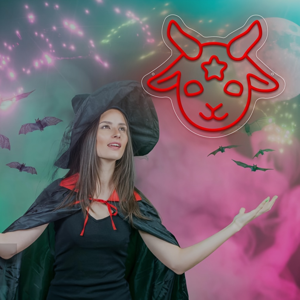 1 pc Lamb Demon Halloween Wall Neon Decoration, Dimmable LED Halloween Ambiance Wall Decoration Neon Sign, great for Halloween parties, bedrooms, birthday parties, bars, shops, game rooms, clubs, rooms, friends party wall decorations, as a friend's family birthday, Halloween gift first choice, USB powered light up sign hanging device, 5V USB power supply - 图片 6