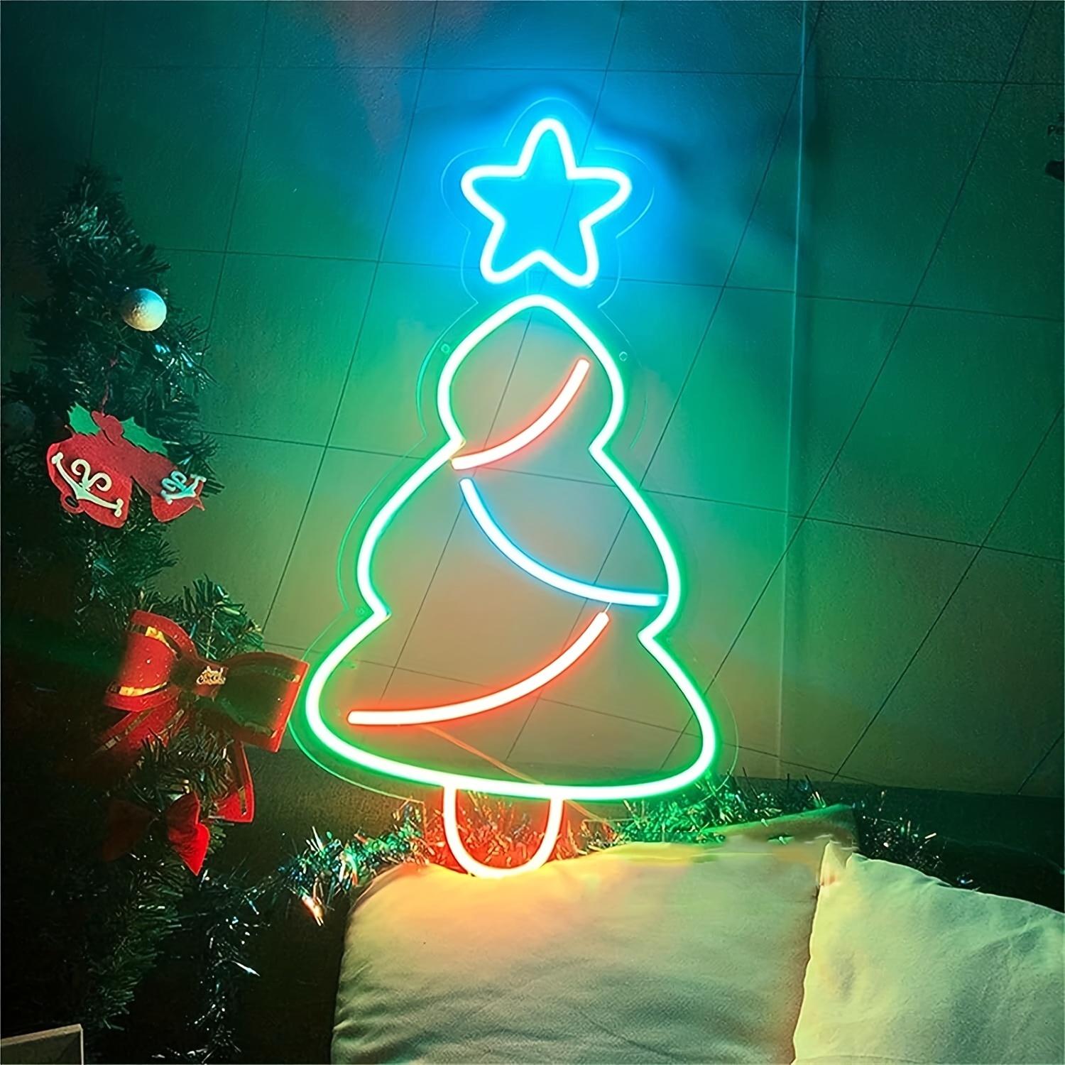 1 pc Christmas Tree Wall Neon Decoration, Dimmable LED Christmas Ambiance Wall Decoration Neon Sign, perfect for Christmas parties, bedrooms, birthday parties, pubs, shops, games rooms, clubs, rooms, friends party wall decorations, as a first choice for friends' family birthdays, Christmas gifts, USB powered illuminated sign hanging device, 5V USB power supply