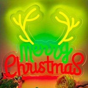 1 pc Merry Christmas Wall Neon Sign with Antlers Design, Dimmable LED Christmas Atmosphere Wall Decor Neon Sign, Perfect for Christmas Parties, Bedrooms, Birthday Parties, Bars, Shops, Game Rooms, Clubs, Rooms, Friends Gatherings Wall Decor, Top Choice as Birthday or Christmas Gift for Friends and Family, USB-powered illuminated sign hanging kit, 5V USB power supply