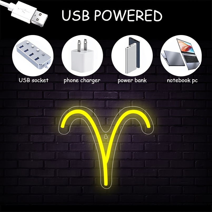 1 pc The Aries LED Neon Sign, Astrology Horoscope Ambiance Wall Decoration Neon Sign for Home, Party, Living Room, Bar, Club, Game Room, as Birthday, Holiday Gift, Bedroom and Home Wall Decoration, USB Powered Illuminated Sign Hanging Unit, 5V USB Power Supply - 图片 4