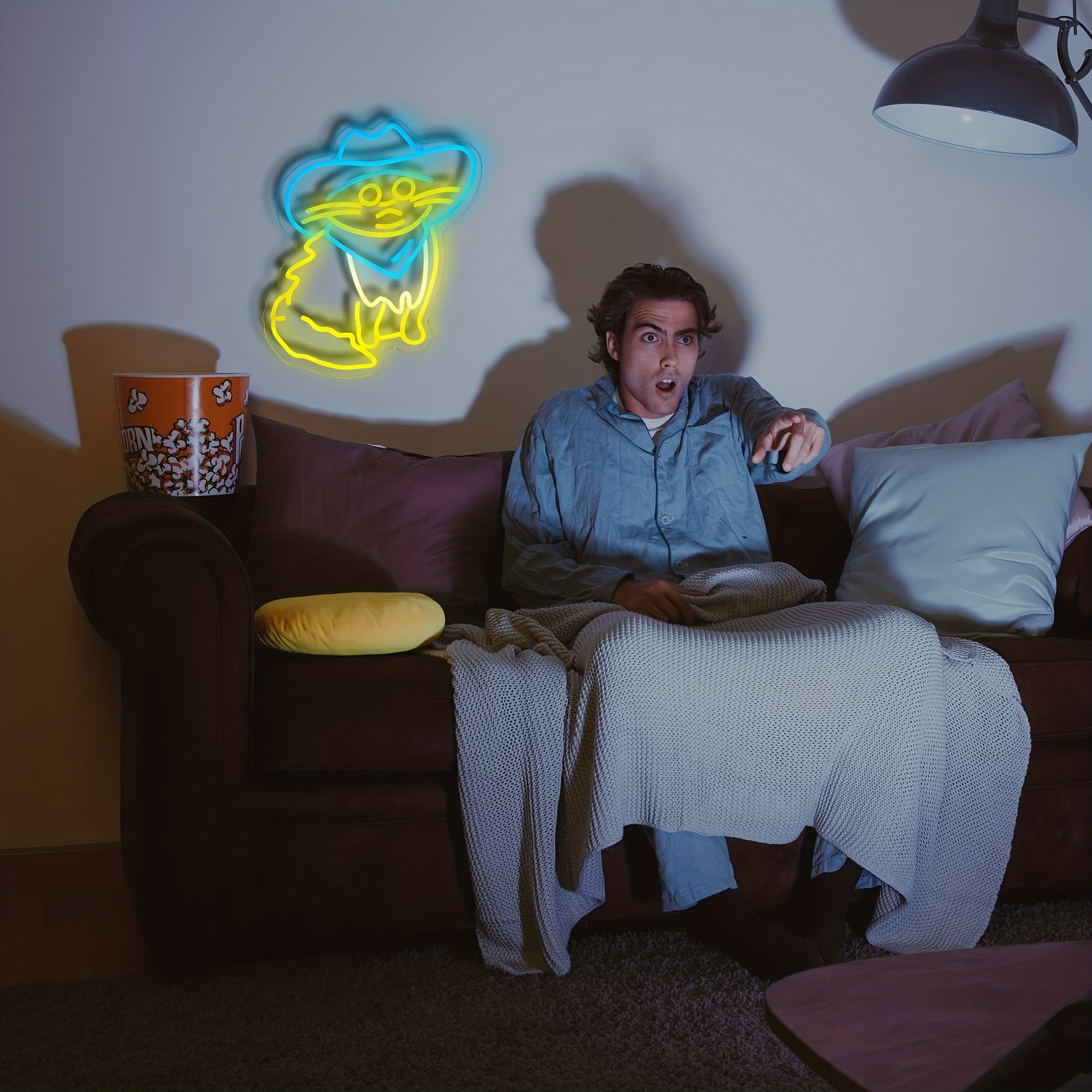 1 pc Blue Cowboy Hat Cat LED Neon Sign, Ambient Wall Decoration Neon Sign for Home, Party, Living Room, Bar, Club, Game Room, as Birthday, Holiday Gift, Bedroom and Home Wall Decoration, USB Powered Illuminated Sign Hanging Unit, 5V USB Power Supply - 图片 7