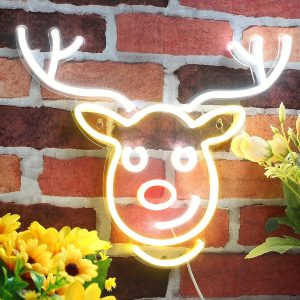 1 pc Christmas Reindeer Wall Neon Sign Decoration, Dimmable LED Christmas Atmosphere Wall Decor Neon Sign, Perfect for Christmas Parties, Bedrooms, Birthday Parties, Bars, Shops, Game Rooms, Clubs, Rooms, Friends Gatherings Wall Decor, Top Choice as a Gift for Friends' Birthdays or Christmas, USB-powered illuminated sign hanging kit, 5V USB power supply