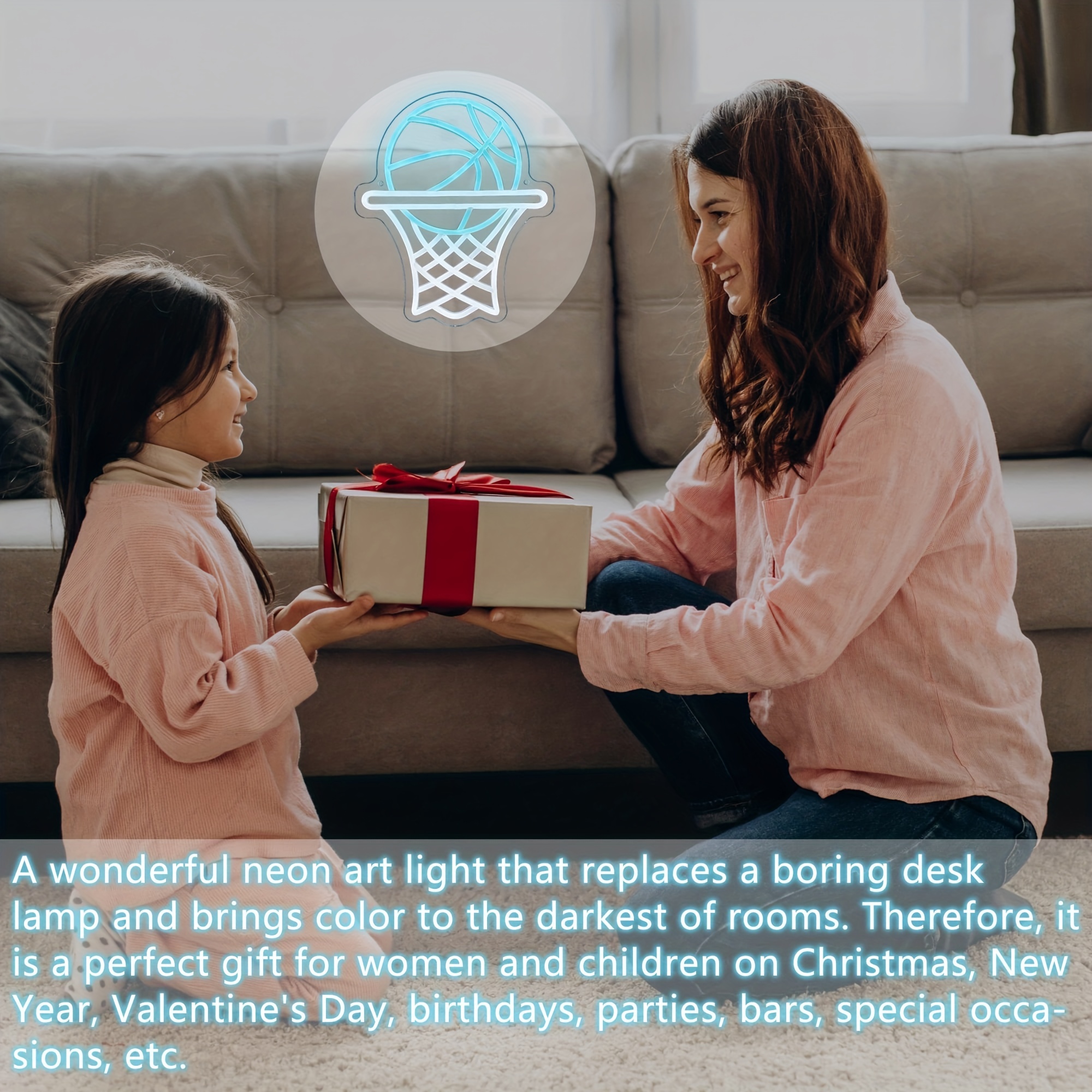 1 pc Basketball Hoop LED Neon Sign, Basketball themed ambient wall decoration neon sign for basketball themed parties, offices, basketball courts, game rooms, homes, clubs, living rooms, bars, bedrooms and home wall decorations, preferred choice for friends and family's birthdays, basketball hobby gifts, USB powered illuminated sign hanging device, 5V USB power supply - 图片 2