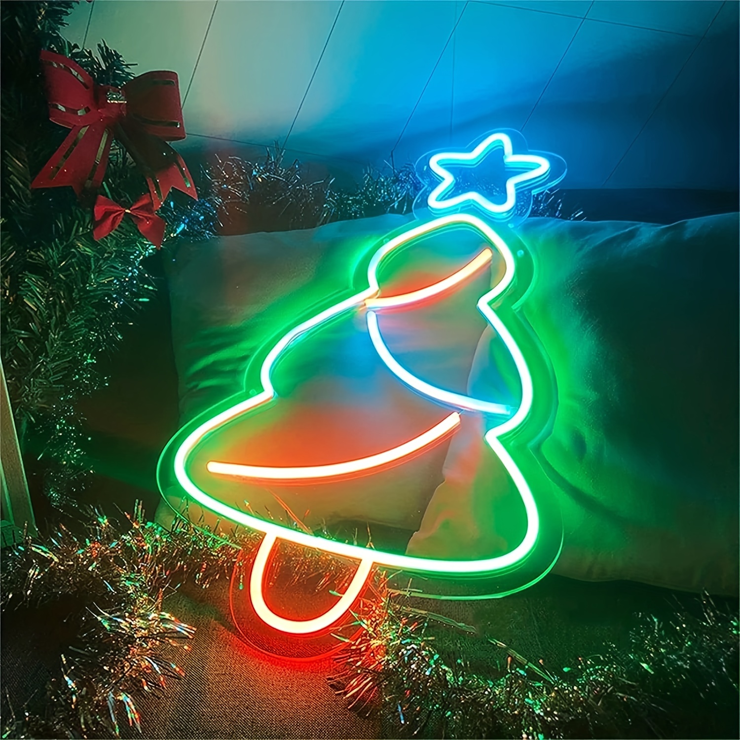 1 pc Christmas Tree Wall Neon Decoration, Dimmable LED Christmas Ambiance Wall Decoration Neon Sign, perfect for Christmas parties, bedrooms, birthday parties, pubs, shops, games rooms, clubs, rooms, friends party wall decorations, as a first choice for friends' family birthdays, Christmas gifts, USB powered illuminated sign hanging device, 5V USB power supply - 图片 2