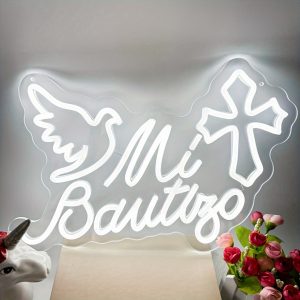1 pc Mi Bautizo Neon LED Sign, Wall Decoration White Alphabet Neon Sign, Ideal for Children's Birthday Parties, Christening Parties, Christmas, Bedrooms, Home, Rooms, Gardens, Pubs, Easter, Bars, Shops, Friends Gatherings Wall Decorations