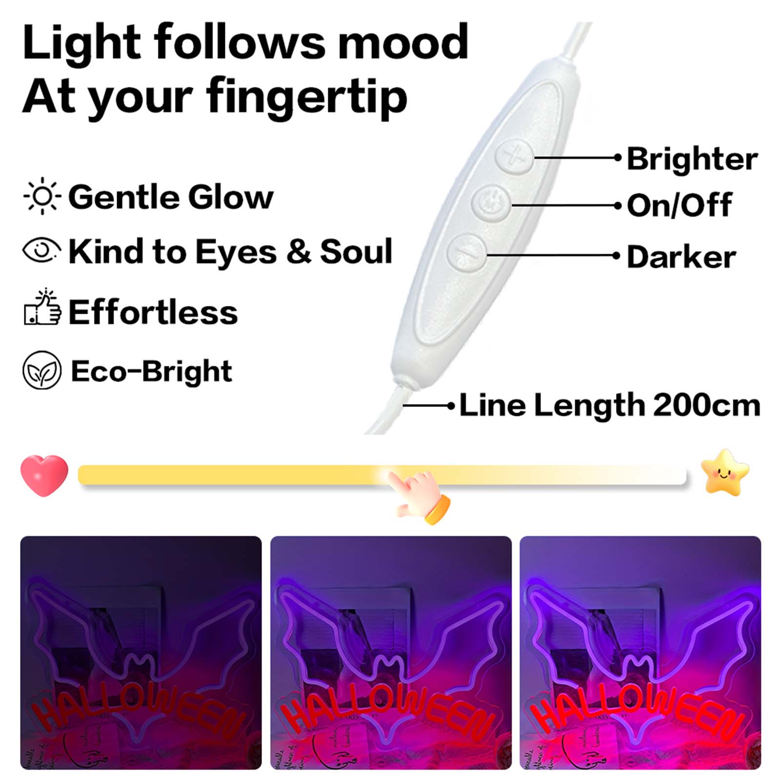 1 pc Bat Halloween Wall Neon Decoration, Dimmable LED Halloween Ambiance Wall Decoration Neon Sign, great for Halloween parties, bedrooms, birthday parties, pubs, shops, games rooms, clubs, rooms, friends party wall decorations, as a first choice for friends' family birthdays, Halloween gifts, USB powered light up sign hanging device, 5V USB power supply - 图片 5