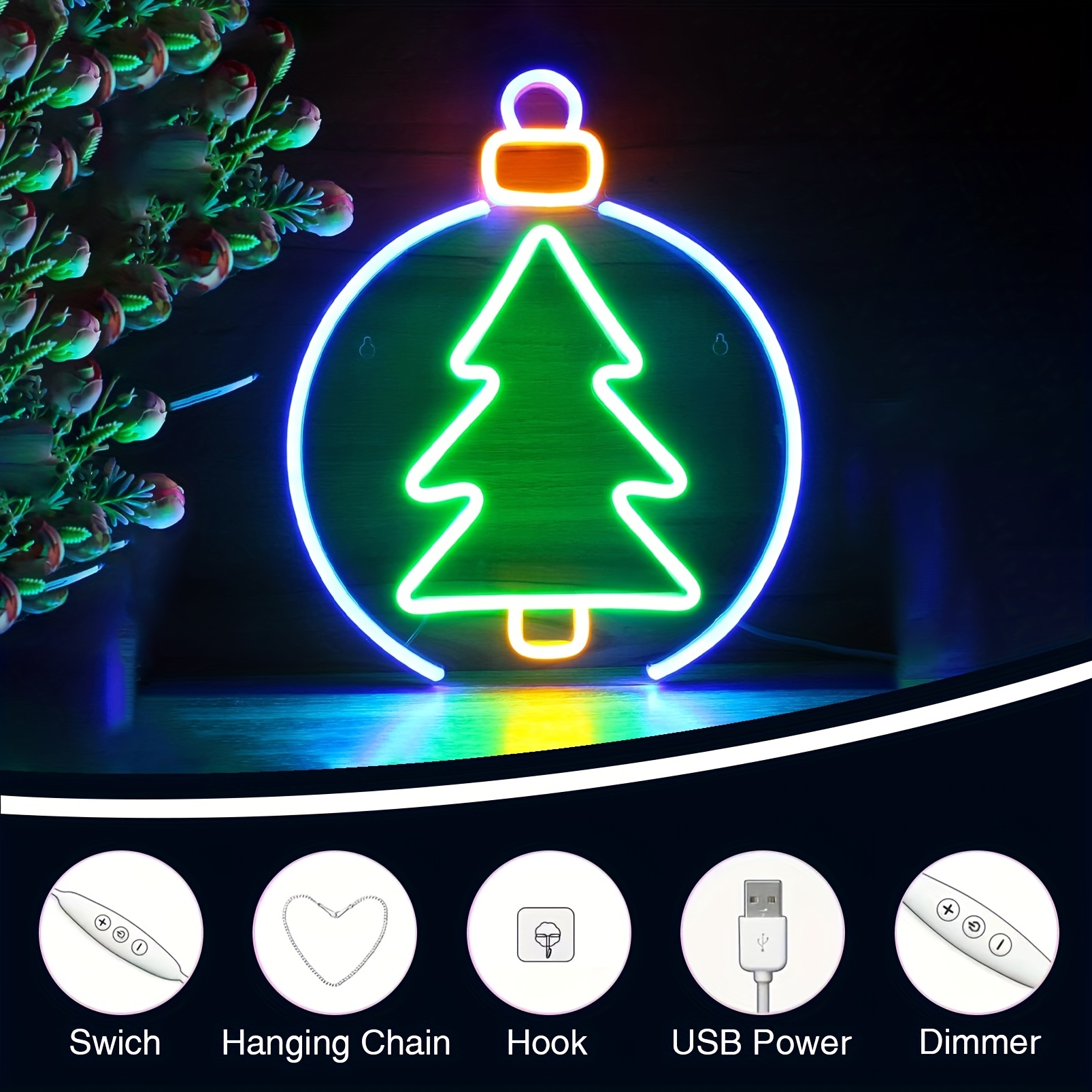 1 pc Christmas Tree Wall Neon Sign, Dimmable LED Christmas Atmosphere Wall Decor Neon Sign, Perfect for Christmas Parties, Bedrooms, Birthday Parties, Bars, Shops, Game Rooms, Clubs, Rooms, Friends Gatherings Wall Decor, Top Choice as Birthday or Christmas Gift for Friends and Family, USB-Powered Illuminated Sign Hanging Kit, 5V USB Power Supply - 图片 6