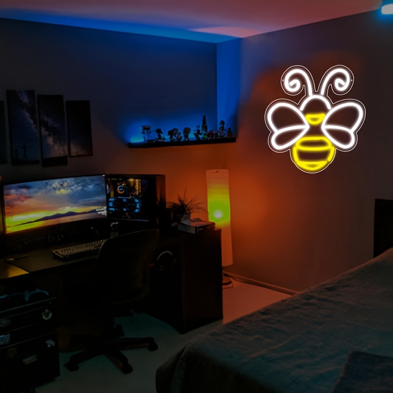 1 pc Bee LED neon sign, ambient wall decoration neon sign for office, shop, party, game room, family, club, living room, bar, bedroom and home wall decorations, preferred as friends and family birthday, holiday gifts, USB powered light up sign hanging device, 5V USB power supply - 图片 6