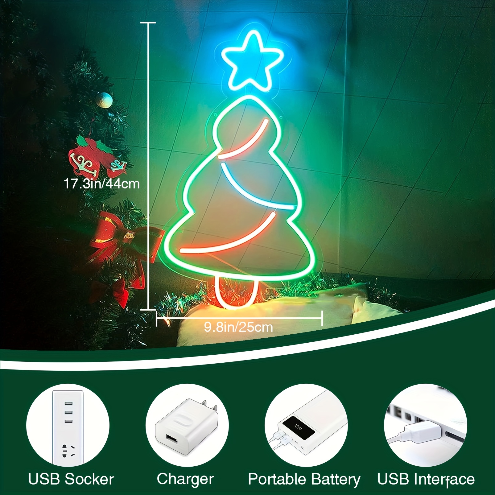 1 pc Christmas Tree Wall Neon Decoration, Dimmable LED Christmas Ambiance Wall Decoration Neon Sign, perfect for Christmas parties, bedrooms, birthday parties, pubs, shops, games rooms, clubs, rooms, friends party wall decorations, as a first choice for friends' family birthdays, Christmas gifts, USB powered illuminated sign hanging device, 5V USB power supply - 图片 3